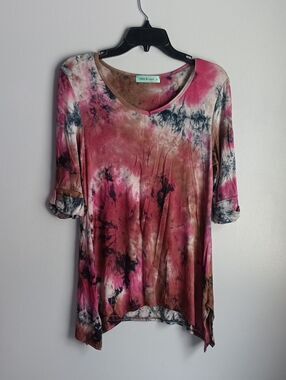 Chris & Carol Pink and Brown Tie-Dye V-Neck Tunic
